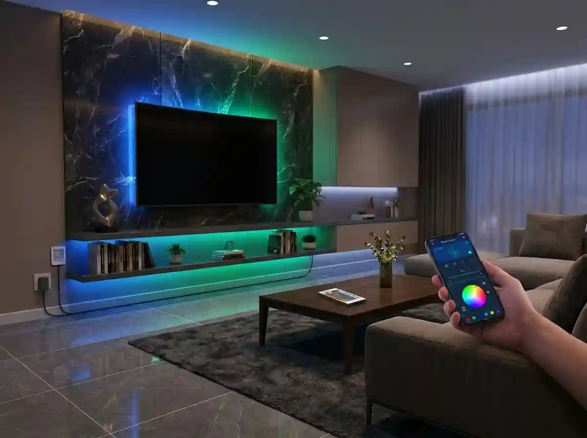 DAYBETTER LED lighting illuminating a modern American living room